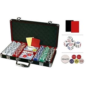 Premium 300 Diamond Suited Poker Chip Set w/black aluminum case, 6 dealer buttons, 2 Cut Cards, 5 dice and 2 playing card decks