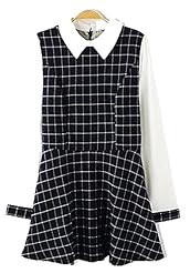Above the Knee Long Sleeves Checkered Print Chiffon/Cotton Mini Dress 