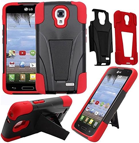 VMG + EB 3-Item Car Charger Combo Bundle for LG Access LTE L31G L31L L31C F70 Cell Phone Premium Hybrid Hard Soft Case Cover w/ Built-In Kickstand Hinge Armor Shield - Red + LCD Clear Screen Saver Protector + Free Black Earbud + Premium Car Charger