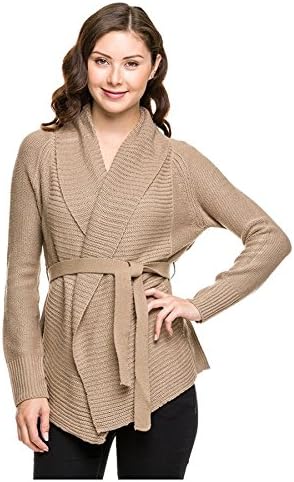 G2 Chic Women's Solid Ribbed Knit Open Cardigan Sweater with Waist Tie(TOP-CGN,LBN-S)