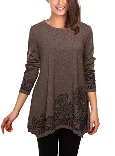 DJT Women's Scoop Neck Long Sleeve Stretchy Irregular Hem Casual Blouse