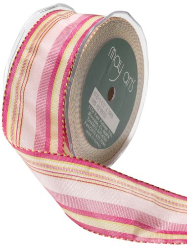 May Arts 1-1/2-Inch Wide Ribbon, Fuchsia and Parrot Green Stripes