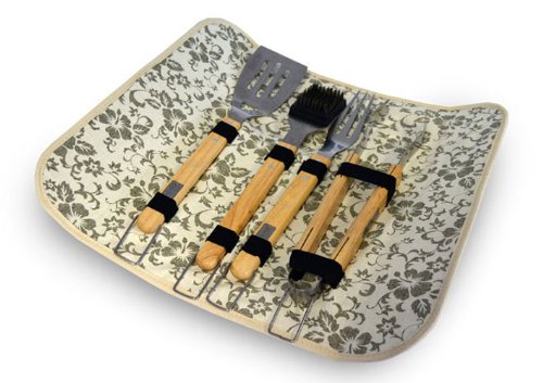 Kit barbecue acier inoxydable/manches bois - 4 pièces - pochette de protection en toile