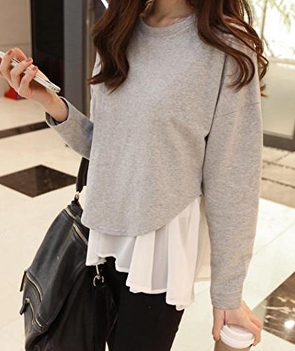 カットソー Tシャツ ラウンドネック お洒落 ペプラム トップス 長 袖 フリル シフォン シンプル ロン T 灰 (オリジナル・ブレスレットとサシェセット)