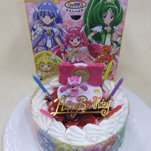 ★スマイルプリキュア・キャラデコ！・生クリーム苺デコレーションケーキ５号スライス苺2段サンド(バースデーオーナメント・キャンドル６本付き）