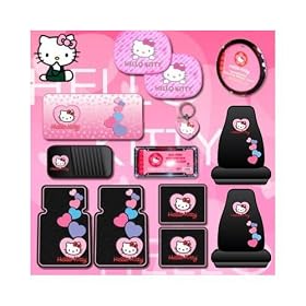 Hello Kitty Sanrio Hearts Design 13pc Combo Set Front & Rear Floor Mats Seat Covers Steering Wheel Cover Cd Visor Organizer License Plate Frame & Keychain Windshield and Side Window Sunshades