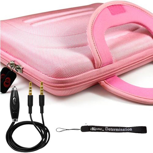 eBigValue: Pink Protective Hard Nylon Carrying Case for Sony DVP-FX970 9-Inch Portable DVD Player + Includes a eBigValue Determination Hand Strap Key Chain + Includes a 3.5mm Stereo Audio Cable With Built In Microphone