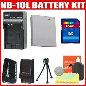 PowerShot G1 X Digital Camera Accessory Kit Includes Canon NB-10L Equivalent Replacement Battery (Generic)+ Replacement Battery Charger + 16GB SDHC Memory + Memory Reader + Camera Cleaning Kit