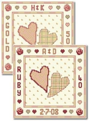 Cinnamon Cat Two Hearts - Golden or Ruby Anniversary Cross Stitch Kit