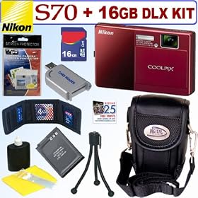 Nikon Coolpix S70 12.1MP Digital Camera Red  16GB Deluxe Accessory Kit
