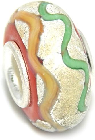 925 Sterling Silver "Multi-colored Squiggled Line Design" Frosted Glass Charm Bead