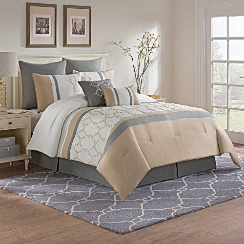 Modern Elegant Pleated Striped Pattern Grey Tan Soft Bedding Embroidered Medallion Comforter Set for Teen Girls, QUEEN (9 Piece Bed in a Bag) with Sleep Mask