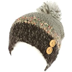 Handknit Handmade Winter Tight Knit Skull Button Ski Snow Beanie Pom Pom Gray