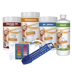 Steinbach 00-70270 Starterset Chlor, Aquacorrect, 1 kg Chlortabs 200 g, 1 kg Chlorgranulat, 1.5 kg pH-Minus, 1 l Algezid, 1 Testkit pH/Cl, 1 Thermometer, Anleitung