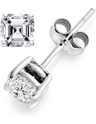0.62 Carat F/VVS1 Asscher Certified Diamond Solitaire Stud Earrings in 18k White Gold