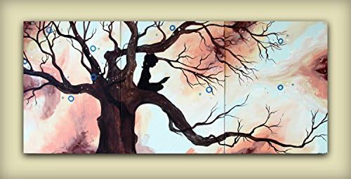 Large Canvas Painting featuring a Girl Reading in a Huge Oak Tree at Sunset Big Wall Art for Book Lovers and Library Patrons