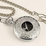 New Mens Stainless Steel Case Black Dial Roman Numbers Antique Pocket Watch with Chain