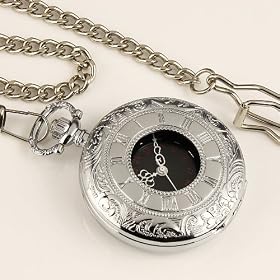 New Mens Stainless Steel Case Black Dial Roman Numbers Antique Pocket Watch with Chain