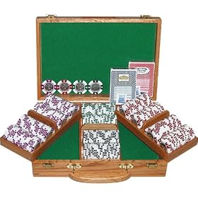 300 12.2 Gram Clay Coin Inlay Poker Chips w Genuine Oak Case by 