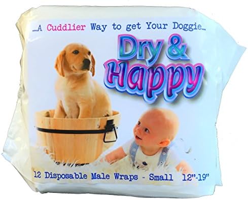Dry &amp; Happy 12 Count Small Dog Disposable Male Wraps for Male Marking, Urinary Incontinence and Excitable Urination. Most Convenient Male Dog Diaper