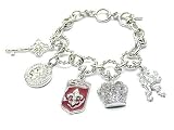Designer Look Royal Crown, Key, Fleur-de-lis, Lion & Coin Charms Bracelet Silver
