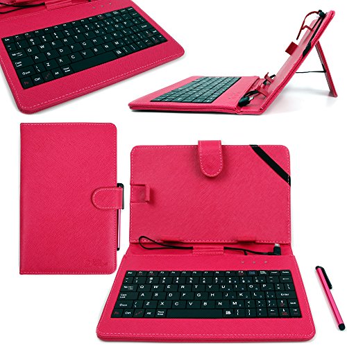 DURAGADGET Deluxe Pink Keyboard Folio Case for the NEW Medion LifeTab S8312 Tablet - Eco-Friendly Faux Leather with Built-In Stand and BONUS Stylus