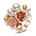 Yoursfs Elegant Austrian Crystal Pearl Enamel Rose Flower Engagement Cocktail Ring 18K Rose Gold Plated