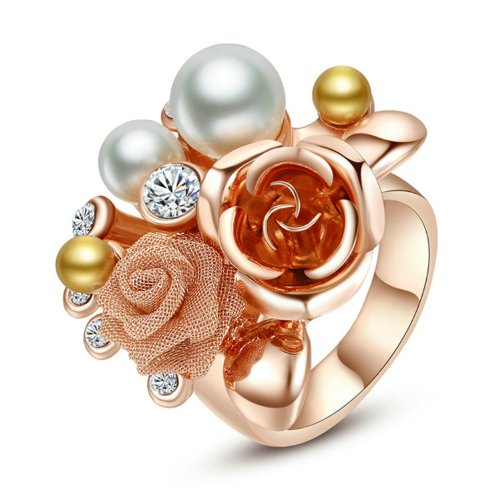 Yoursfs Elegant Austrian Crystal Pearl Enamel Rose Flower Engagement Cocktail Ring 18K Rose Gold Plated
