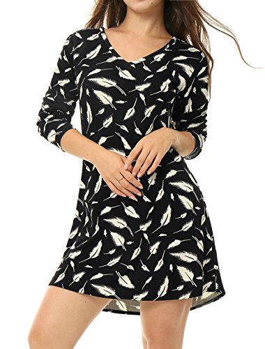 Allegra K Women V Neck Long Sleeves Feather Print Shift Dress