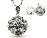 Genuine Marcasite Round Sterling Silver Aromatherapy Scent Locket Pendant with 20 Cable Chain Necklace