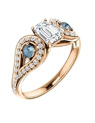 18K Rose Gold Emerald Cut White and Blue Diamond Ring -- LIFETIME WARRANTY