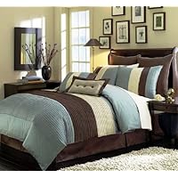 8 Pieces Blue Beige Brown Luxury Stripe Comforter Bed-in-a-bag Set Queen Size Bedding