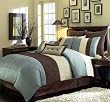 Chezmoi Collection 7 Pieces Beige, Blue and Brown Luxury Stripe Comforter 86" X 88" Bed-in-a-bag Set Full or Double Size Bedding
