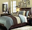 8 Pieces Blue Beige Brown Luxury Stripe Comforter (90"x92") Bed-in-a-bag Set Queen Size Bedding