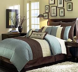 Chezmoi Collection 7 Pieces Beige, Blue and Brown Luxury Stripe Comforter 86" X 88" Bed-in-a-bag Set Full or Double Size Bedding