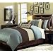8 Pieces Blue Beige Brown Luxury Stripe Comforter (90"x92") Bed-in-a-bag Set Queen Size Bedding