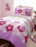 PINK & LILAC GIRLS DOUBLE DUVET SET WITH FLOWERS & BUTTERFLIES