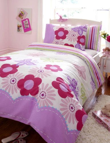 PINK & LILAC GIRLS DOUBLE DUVET SET WITH FLOWERS & BUTTERFLIES