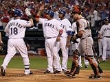 San Francisco Giants v Texas Rangers, Game 3: Mitch Moreland,Bengie Molina Photographic Poster Print by Elsa ., 24x32