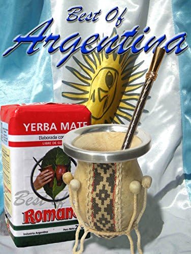 ARGENTINA MATE KIT: Natural Gourd on support, leather covered (gaucho style) + Yerba Mate Herb Tea + Metal Nickel Straw