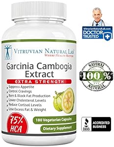 Garcinia Cambogia Extract Pure Premium Ultra - 75% HCA - Extra Strength - 1500mg/Serving - 4500mg Daily -180 Capsules (Veggie) -100% Natural Appetite Suppressant With Potassium & Calcium