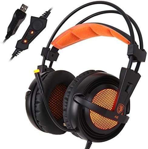 Yalimomo Sades A6 USB Cable 7.1 Stereo Surround Lightweight over Ear PC Gaming Headband Headphone with High Sensitivity Microphone and Led Lights(Black+Orange)