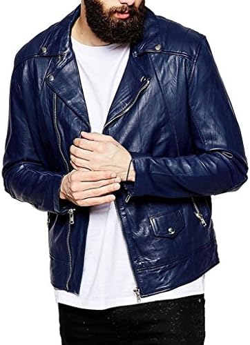 ClassicLeather Men's Lambskin Leather Bomber Biker Jacket S Blue