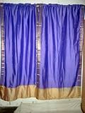 2 Dodger Blue Artsilk Sari Curtains Golden Border Window Dressing 83"
