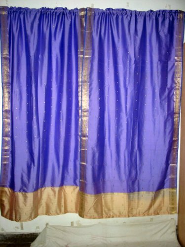 2 Dodger Blue Artsilk Sari Curtains Golden Border Window Dressing 83