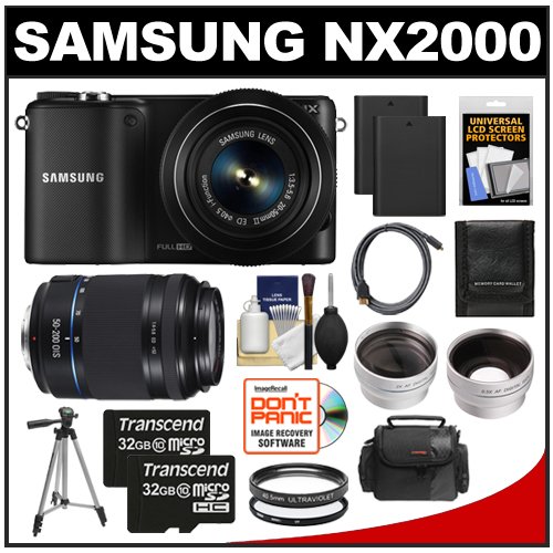 Samsung NX2000 Smart Wi-Fi Digital Camera Body with 20-50mm & 50-200mm Lens (Black) with (2) 32GB Cards + Case + (2) Batteries + Tripod + Filters + Tele/Wide Lens Kit On Sale