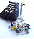 Wine and Grapes Wine Glass Charms (Tags/Markers), Hand Painted w/ Sateen Storage Bag - Set of 6