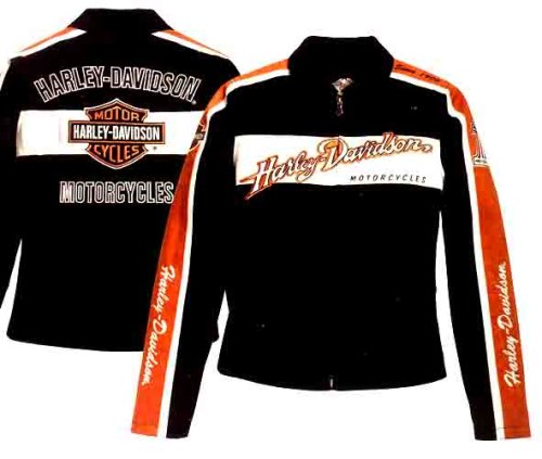 Harley Davidson Womens Prestige Cotton JacketNEW FOR 2008100% Cotton, water-resistant coating. Zipper front. Snap-down collar. Polly-twill lining. Action back. Snap cuffs. Two hand-warmer pockets and one inside pocket. Custom hardware. Colorblock design with twill appliqués and embroideries on front, back, and sleeves, 98413-08VW