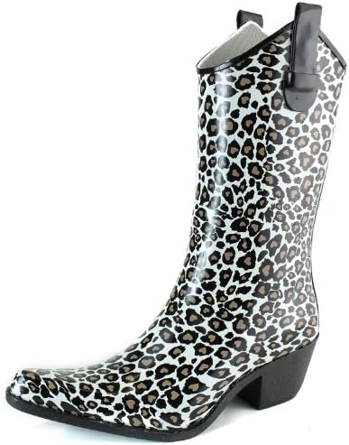 DailyShoes Cowboy Brown Tight Leopard Print High Heel Rain Boots, Midnight Leopard, 8 B(M) US,8 B(M) US