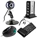 GTMax 8MP USB Webcam with Microphone/Snapshot/6 LED Light/Stand (Half-Moon) - Metal Finish + Black USB Handheld Trackball Finger Mouse + Black USB/PS2 Flexible Silicone Keyboard + USB Highspeed 7 Port Hub w/ AC Adapter (Silver)